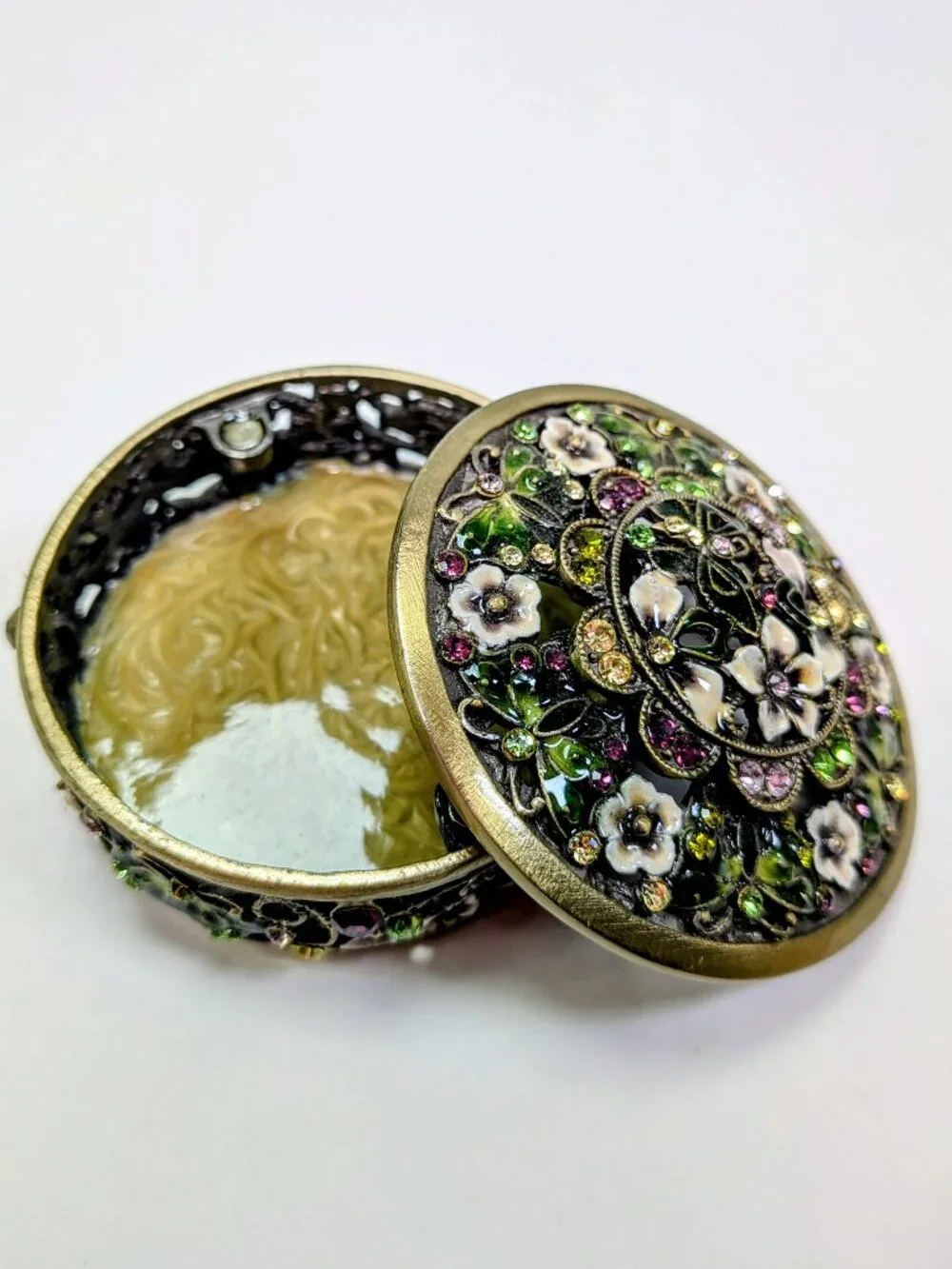 Magical Floral & Butterfly Keepsake Jeweled Trinket Box Metal, Enamel w Box